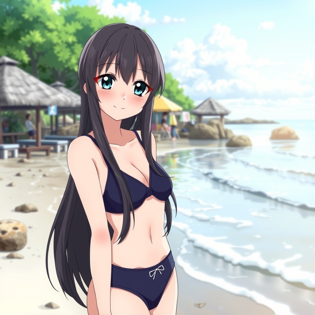 amami oshima beach long black hair odd eyes black left blue right slender body smiling expression ribbon attached separate swimsuit by मुफ्त एआई छवि जनरेटर - बिना लॉगिन के✨ | AIGAZOU