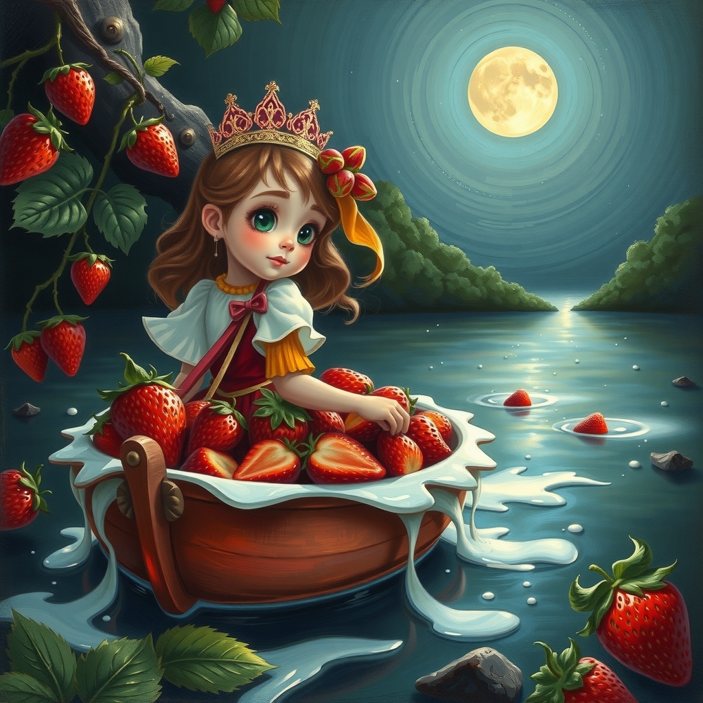 young strawberry princess strawberry boat milk river night painting by मुफ्त एआई छवि जनरेटर - बिना लॉगिन के✨ | AIGAZOU