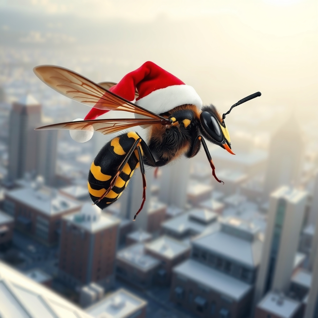 asian hornet flies with red christmas hat by मुफ्त एआई छवि जनरेटर - बिना लॉगिन के✨ | AIGAZOU