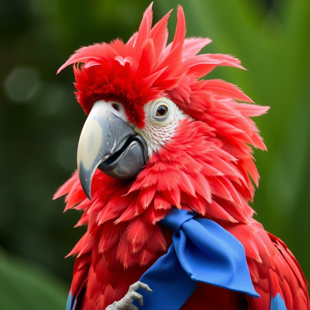 a red cockatoo with disheveled head feathers and a blue fly by मुफ्त एआई छवि जनरेटर - बिना लॉगिन के✨ | AIGAZOU