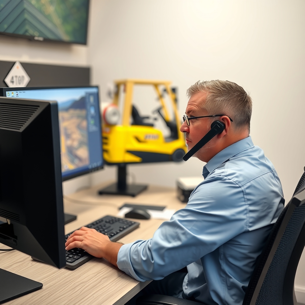 a 35 year old man sits at the pc talking to customs on the monitor is a yellow forklift by मुफ्त एआई छवि जनरेटर - बिना लॉगिन के✨ | AIGAZOU