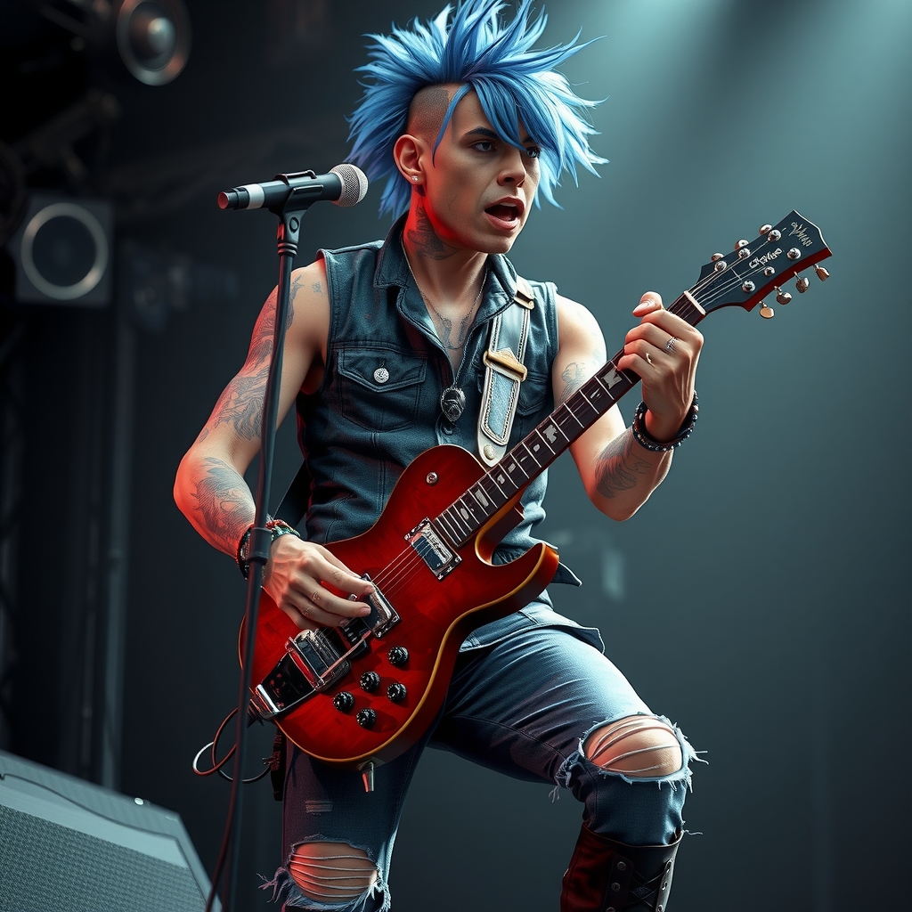 a punk with blue hair jewelry ripped jeans shirt combat boots playing guitar singing detailed skin wrinkles hyperrealistic rock concert by Free AI Image Generator & Maker - No login required✨ | AIGAZOU