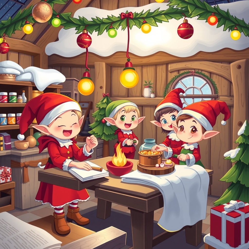 christmas workshop with elves in cartoon style by मुफ्त एआई छवि जनरेटर - बिना लॉगिन के✨ | AIGAZOU