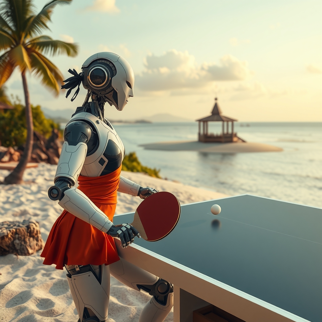 a robot woman playing table tennis on a lonely island by मुफ्त एआई छवि जनरेटर - बिना लॉगिन के✨ | AIGAZOU