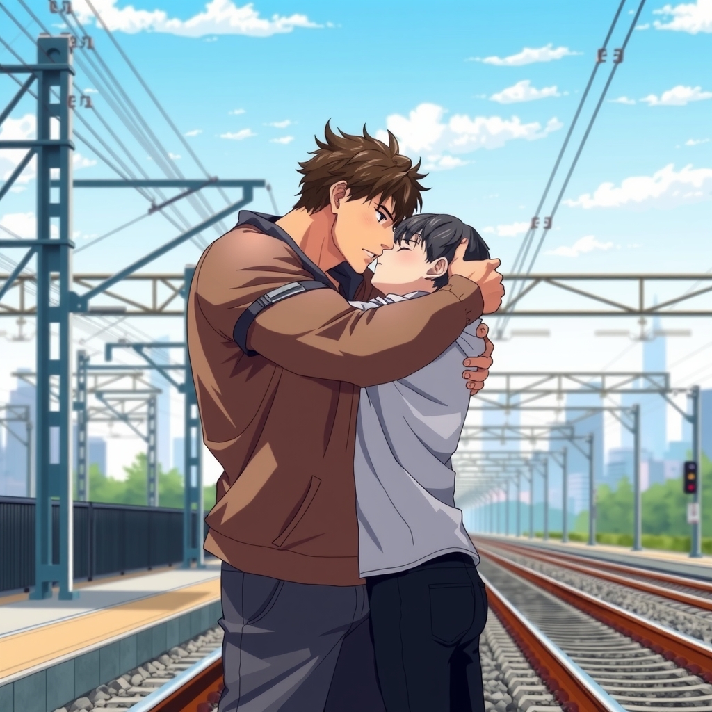 two men in love embrace and kiss in realistic anime style by मुफ्त एआई छवि जनरेटर - बिना लॉगिन के✨ | AIGAZOU