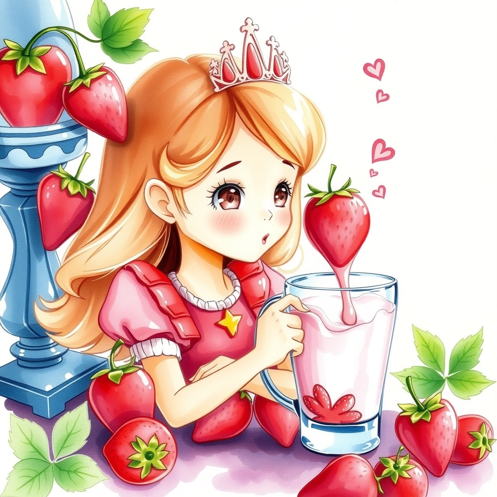 watercolor strawberry princess drinking strawberry milk by Générateur d'images par IA gratuit - Aucune connexion nécessaire✨ | AIGAZOU