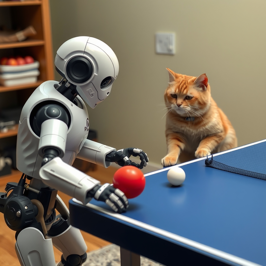 a robot plays table tennis against a cat by मुफ्त एआई छवि जनरेटर - बिना लॉगिन के✨ | AIGAZOU