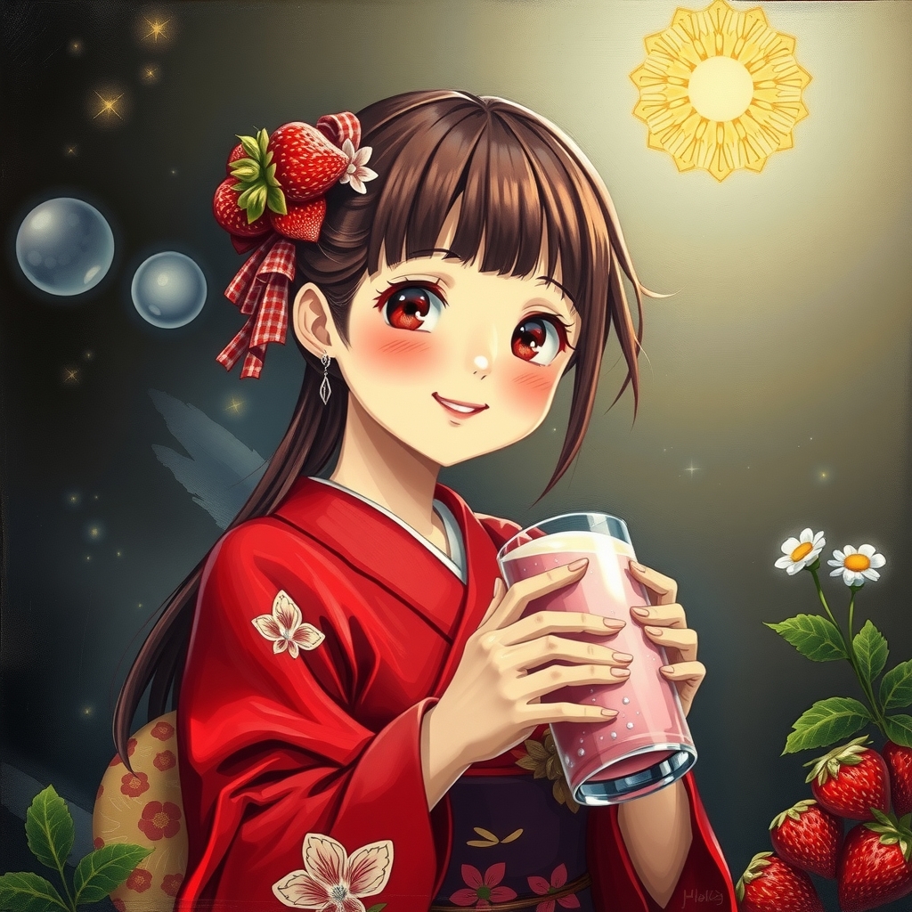 young princess in red kimono drinking strawberry milk by मुफ्त एआई छवि जनरेटर - बिना लॉगिन के✨ | AIGAZOU