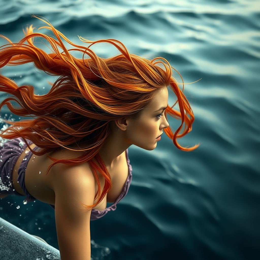 a realistic image of a red haired woman diving into the sea by मुफ्त एआई छवि जनरेटर - बिना लॉगिन के✨ | AIGAZOU