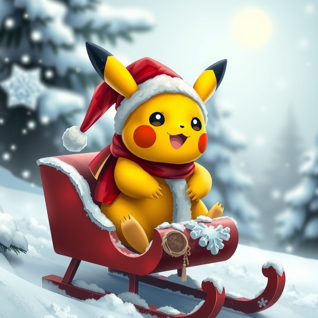 pokemon pikachu on a sled as santa in winter scene by मुफ्त एआई छवि जनरेटर - बिना लॉगिन के✨ | AIGAZOU