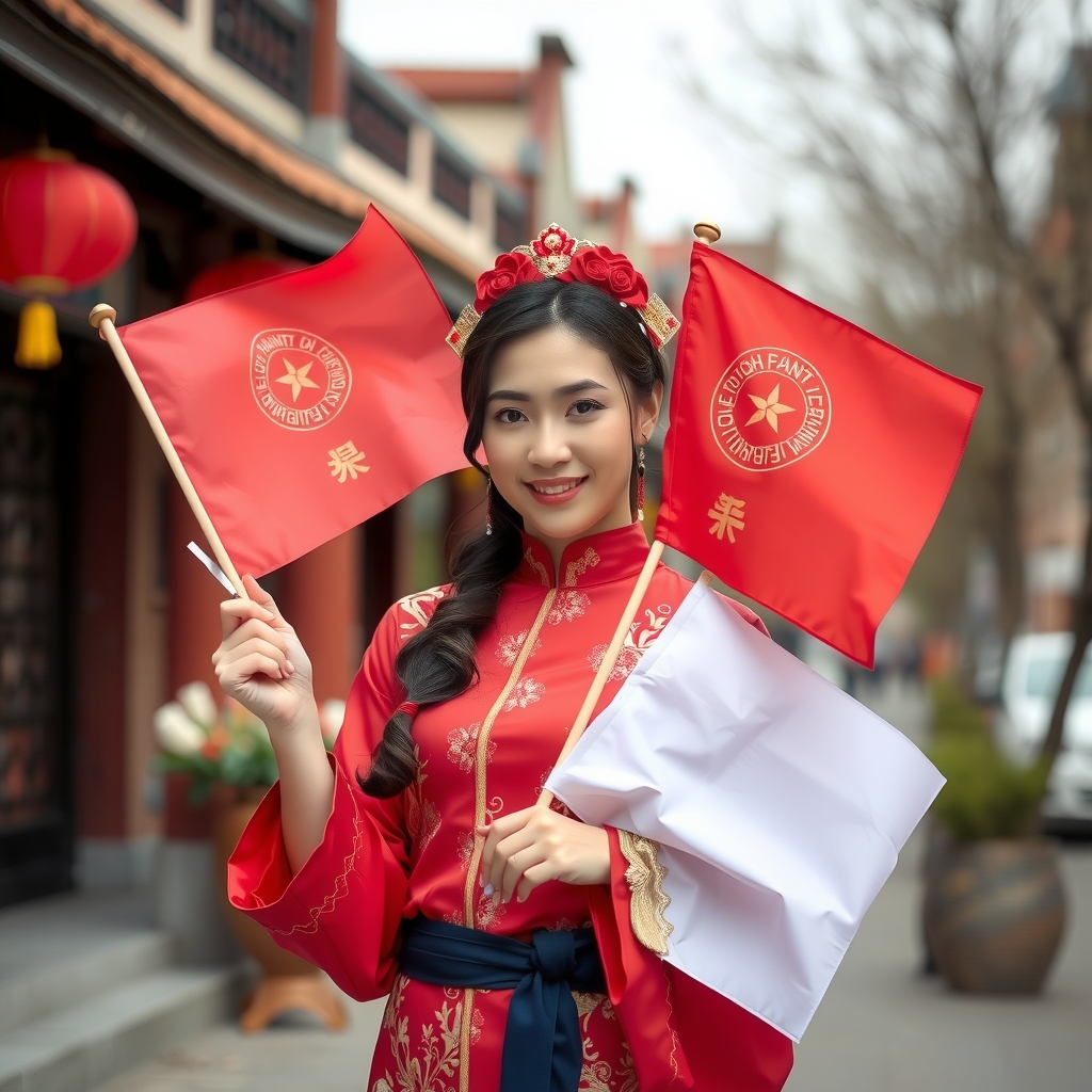 a woman in chinese clothes holding flags by मुफ्त एआई छवि जनरेटर - बिना लॉगिन के✨ | AIGAZOU