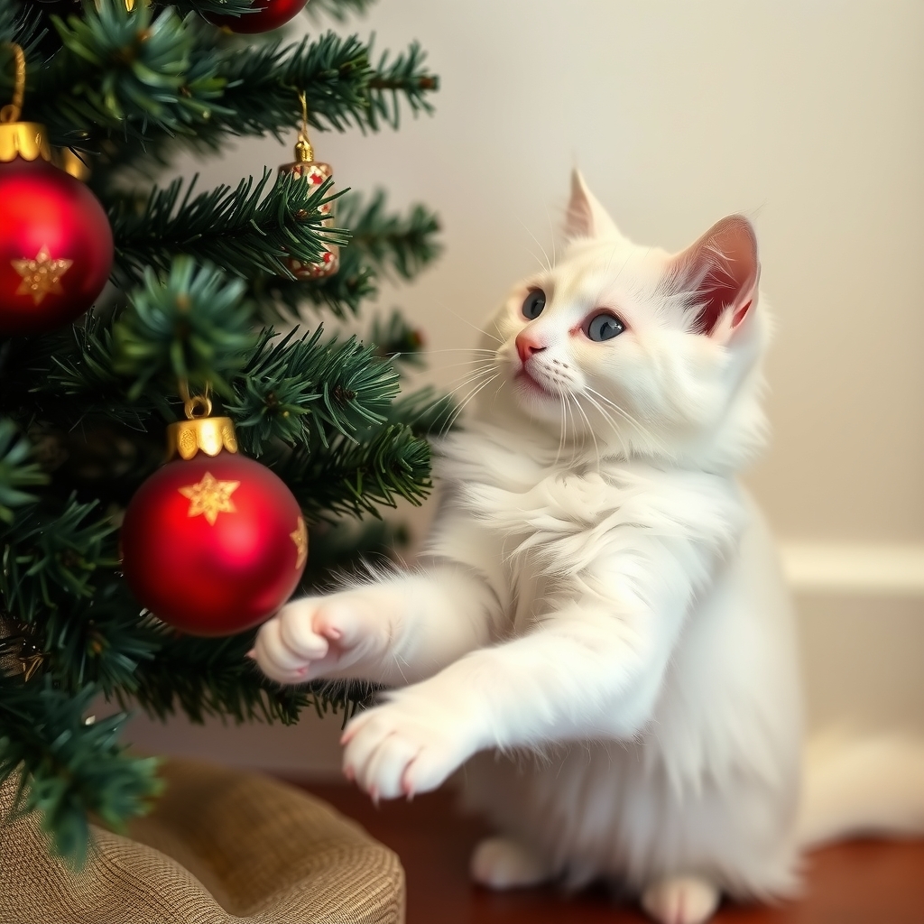 a white cat playing with a red christmas tree ornament by मुफ्त एआई छवि जनरेटर - बिना लॉगिन के✨ | AIGAZOU