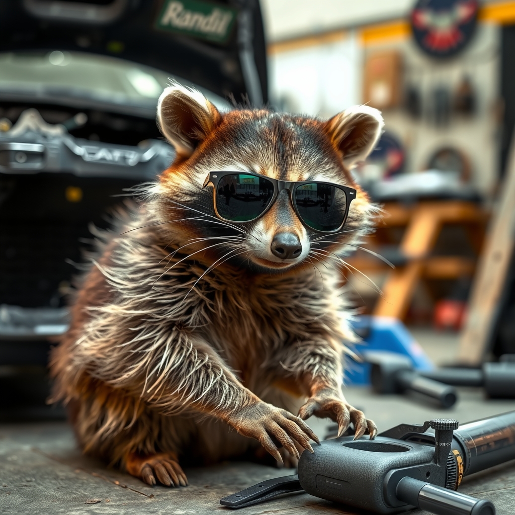 raccoon with sunglasses repairs car by मुफ्त एआई छवि जनरेटर - बिना लॉगिन के✨ | AIGAZOU