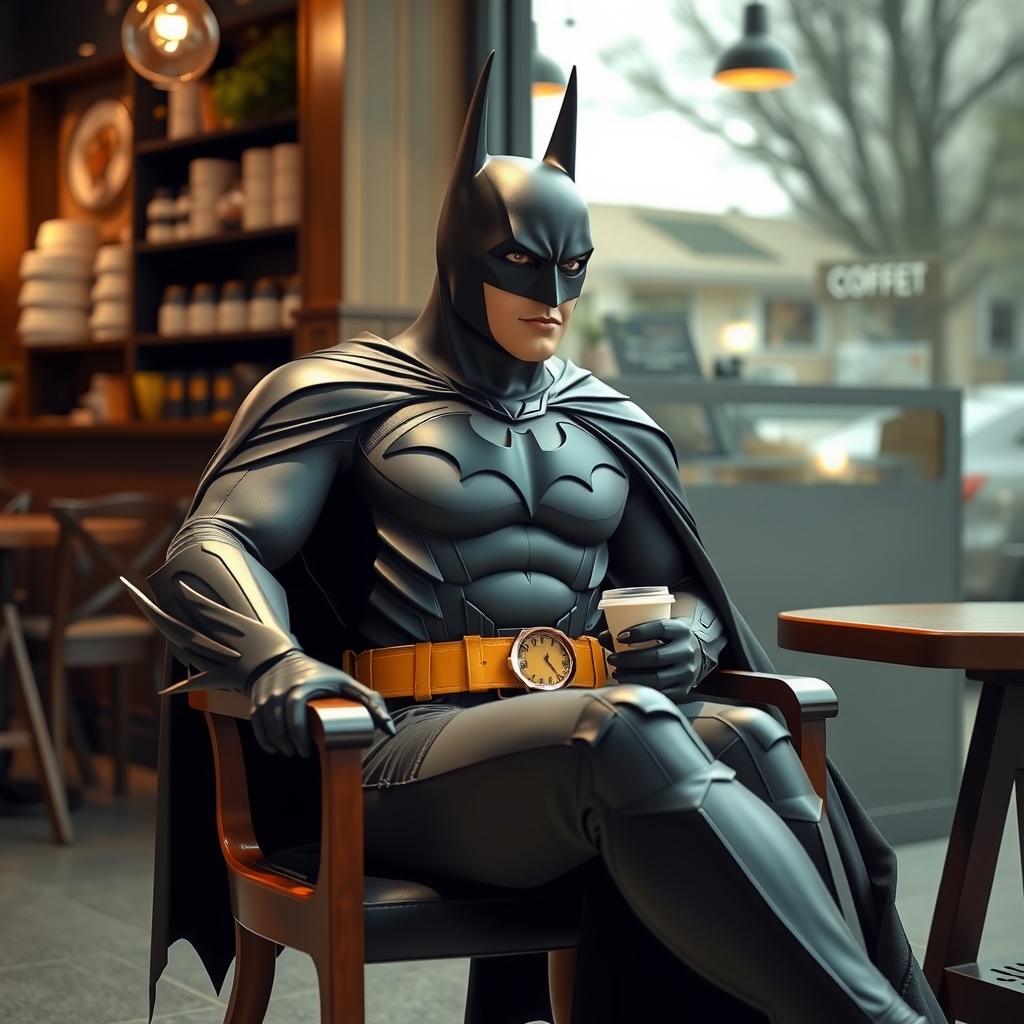 coffee batman sitting alone in a chair by मुफ्त एआई छवि जनरेटर - बिना लॉगिन के✨ | AIGAZOU