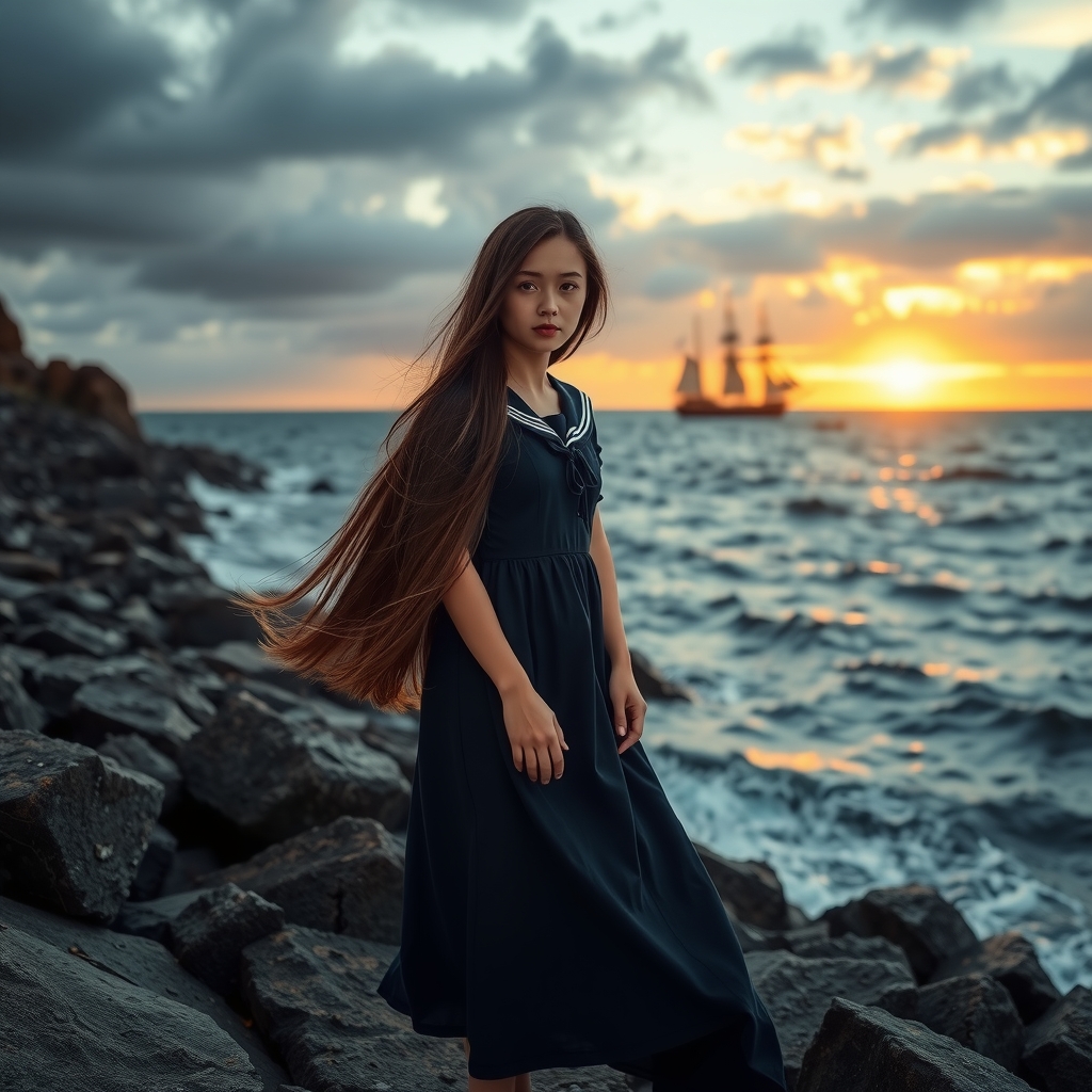 a young woman on a stormy day at a rocky beach by मुफ्त एआई छवि जनरेटर - बिना लॉगिन के✨ | AIGAZOU