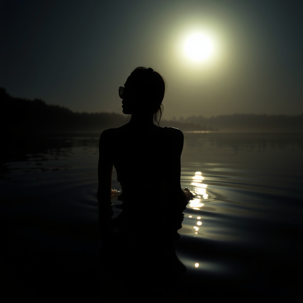 a woman in a moonlit lake silhouette with backlight by मुफ्त एआई छवि जनरेटर - बिना लॉगिन के✨ | AIGAZOU