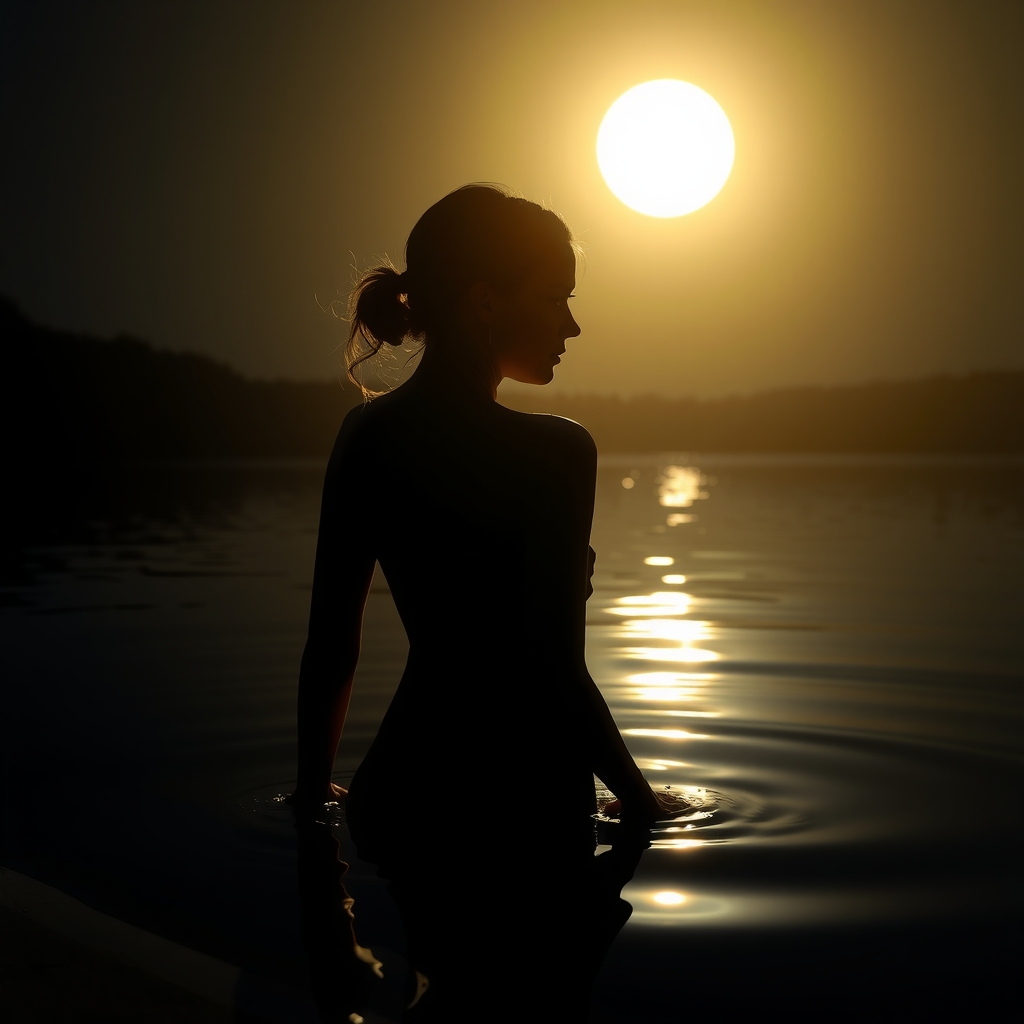 a woman in a moonlit lake silhouette by Générateur d'images par IA gratuit - Aucune connexion nécessaire✨ | AIGAZOU