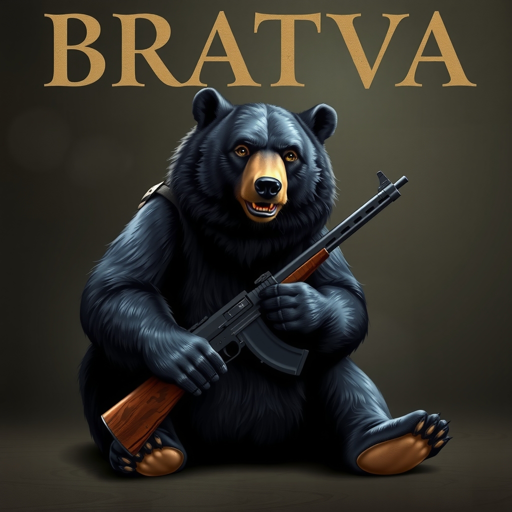 black bear sitting holding weapon bratva by मुफ्त एआई छवि जनरेटर - बिना लॉगिन के✨ | AIGAZOU