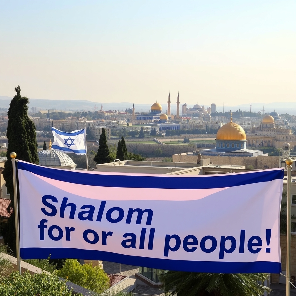 behind israel and in front a large banner with the inscription shalom for all people by मुफ्त एआई छवि जनरेटर - बिना लॉगिन के✨ | AIGAZOU