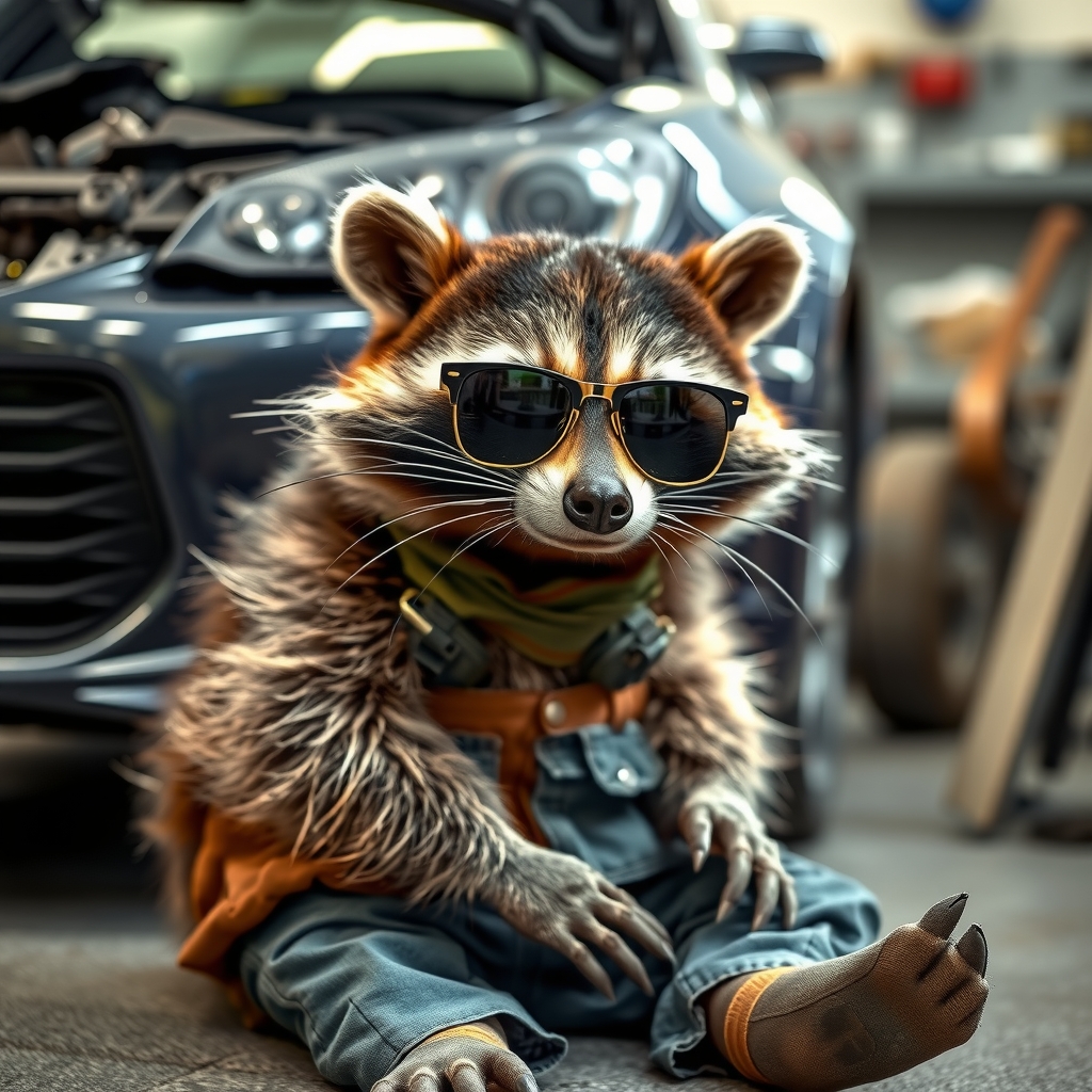 raccoon with sunglasses and work clothes repairing car by मुफ्त एआई छवि जनरेटर - बिना लॉगिन के✨ | AIGAZOU