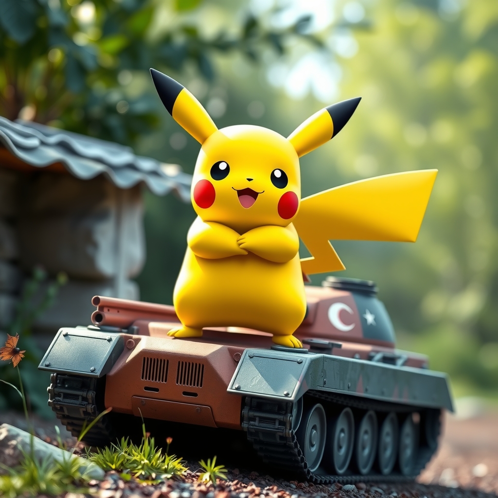 pokemon pikachu stands coolly on tank by मुफ्त एआई छवि जनरेटर - बिना लॉगिन के✨ | AIGAZOU