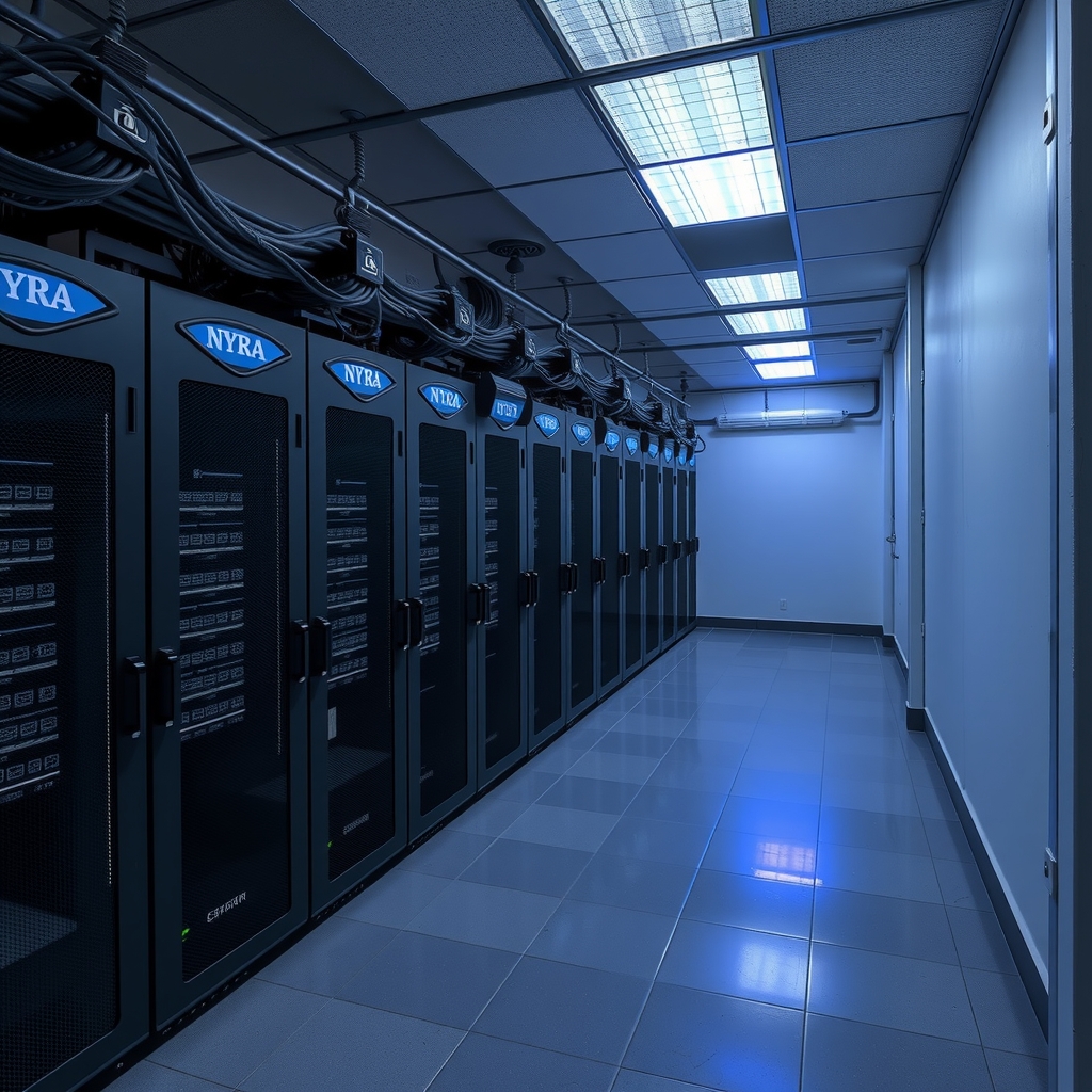 zoom on an aging server room named nyra blue glow by मुफ्त एआई छवि जनरेटर - बिना लॉगिन के✨ | AIGAZOU