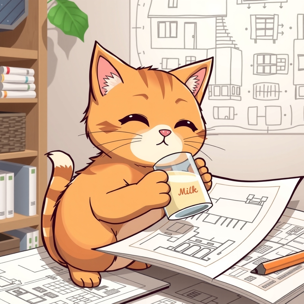 a cute brown cat drinking milk tea while drawing architectural plans by मुफ्त एआई छवि जनरेटर - बिना लॉगिन के✨ | AIGAZOU