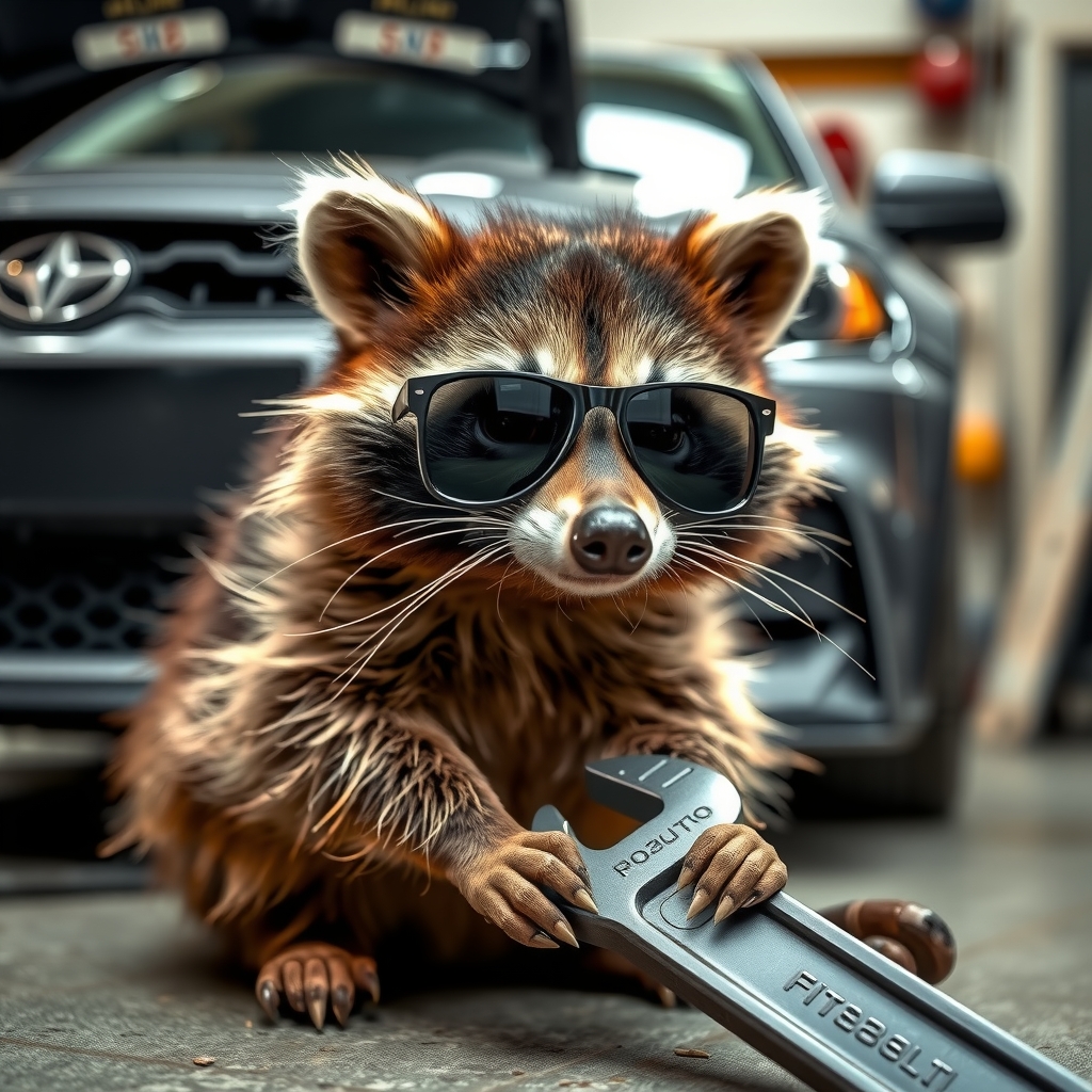 raccoon with sunglasses and wrench sitting in garage by मुफ्त एआई छवि जनरेटर - बिना लॉगिन के✨ | AIGAZOU