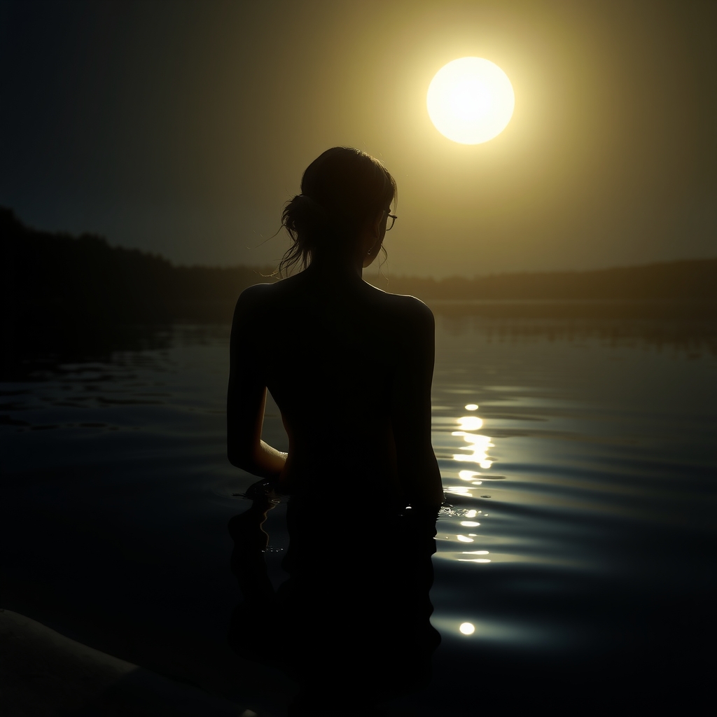 a woman in a moonlit lake silhouette backlight by मुफ्त एआई छवि जनरेटर - बिना लॉगिन के✨ | AIGAZOU