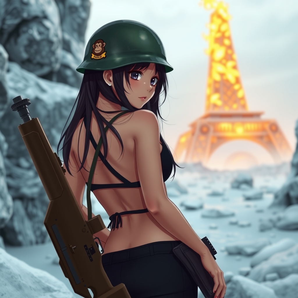 cute woman in military uniform with long black hair and black eyes holding a rifle with a monkey patch on by मुफ्त एआई छवि जनरेटर - बिना लॉगिन के✨ | AIGAZOU