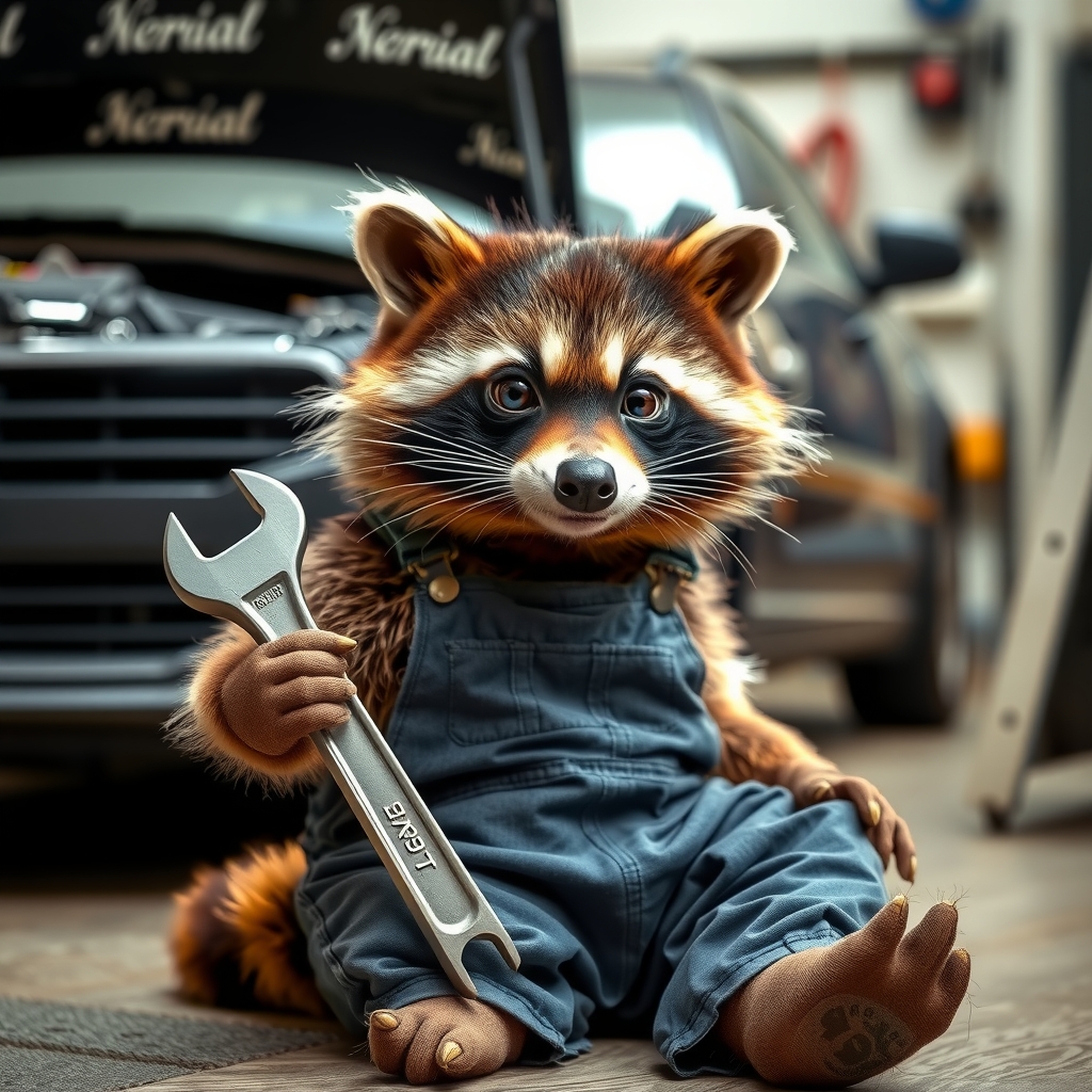 raccoon in overalls with wrench sitting in garage by मुफ्त एआई छवि जनरेटर - बिना लॉगिन के✨ | AIGAZOU