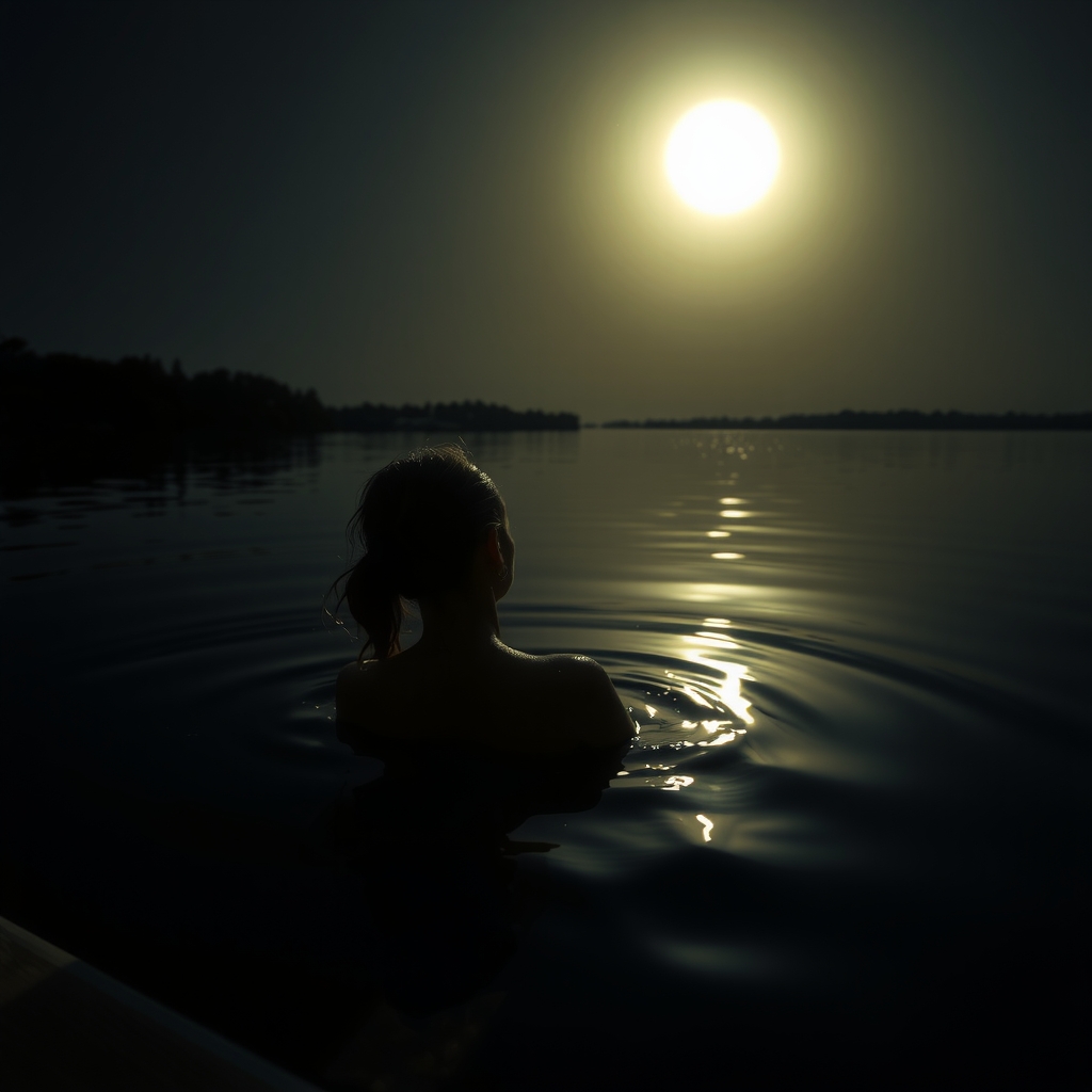 moonlit lake silhouette of swimming woman by मुफ्त एआई छवि जनरेटर - बिना लॉगिन के✨ | AIGAZOU