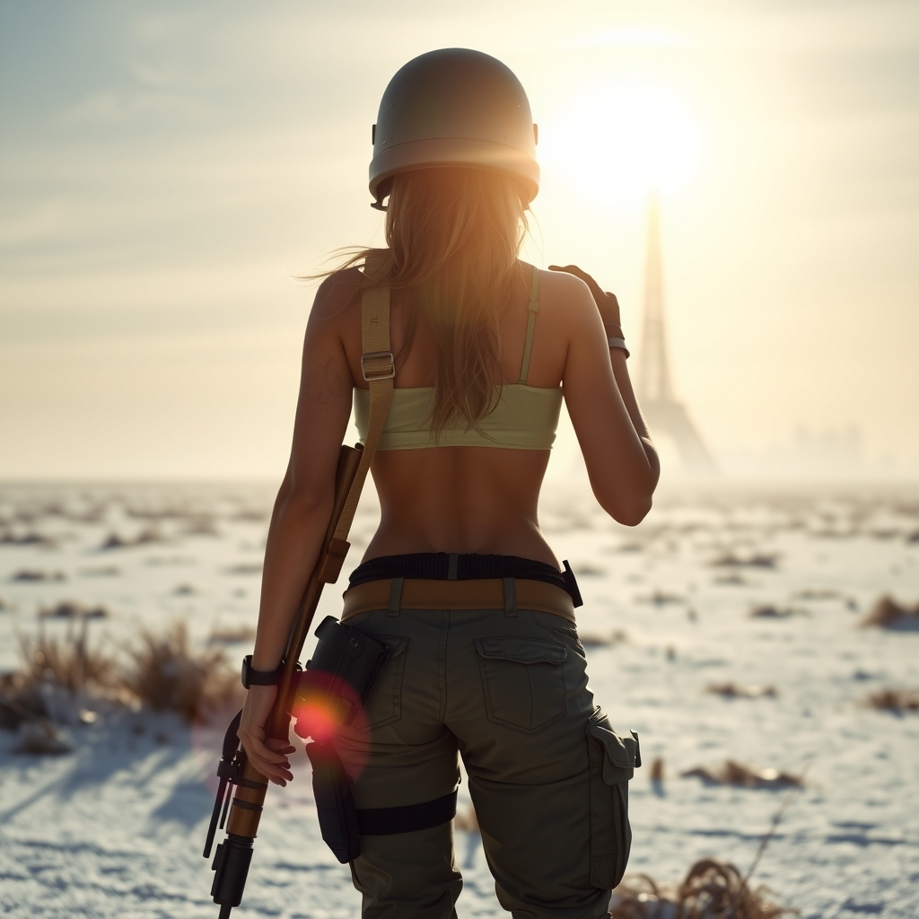 female soldier in bikini top and long pants with gun and helmet under bright sun and frozen land with tower by मुफ्त एआई छवि जनरेटर - बिना लॉगिन के✨ | AIGAZOU