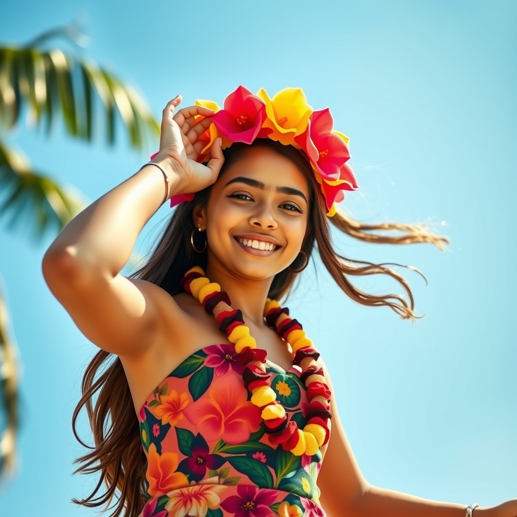 hawaiian girl hula front background blue sky by Générateur d'images par IA gratuit - Aucune connexion nécessaire✨ | AIGAZOU