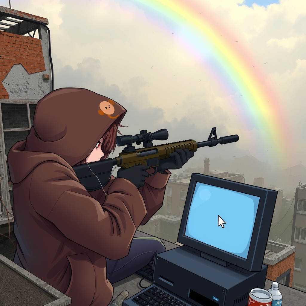 rooftop ruins with rainbow sniper with hood by मुफ्त एआई छवि जनरेटर - बिना लॉगिन के✨ | AIGAZOU