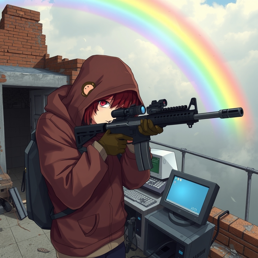 rooftop ruins with rainbow sniper with hood and laptop by Générateur d'images par IA gratuit - Aucune connexion nécessaire✨ | AIGAZOU