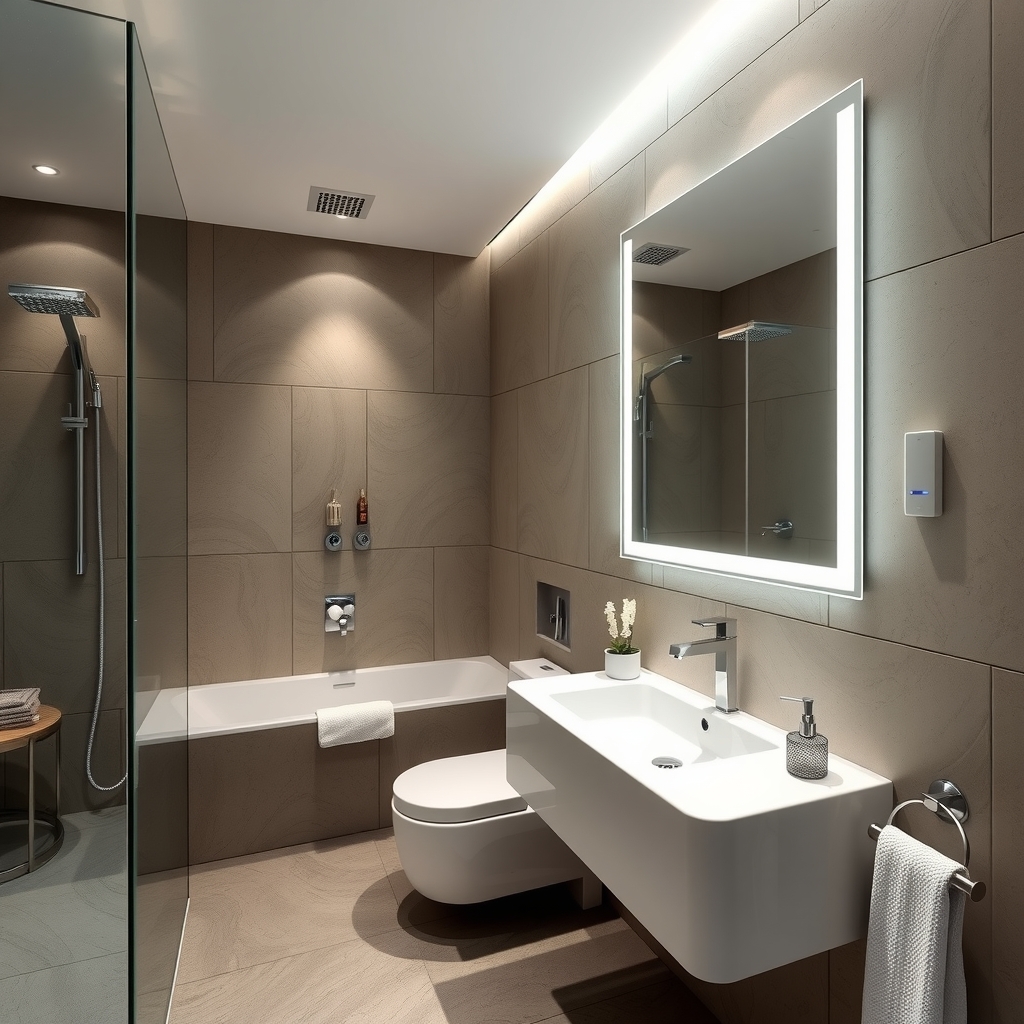 modern bathroom with motion sensors and lights by मुफ्त एआई छवि जनरेटर - बिना लॉगिन के✨ | AIGAZOU