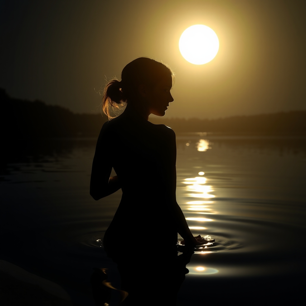 a woman in a moonlit lake silhouette backlight by मुफ्त एआई छवि जनरेटर - बिना लॉगिन के✨ | AIGAZOU