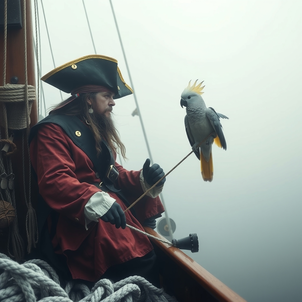 a pirate and a cockatoo sail in the thick fog by मुफ्त एआई छवि जनरेटर - बिना लॉगिन के✨ | AIGAZOU