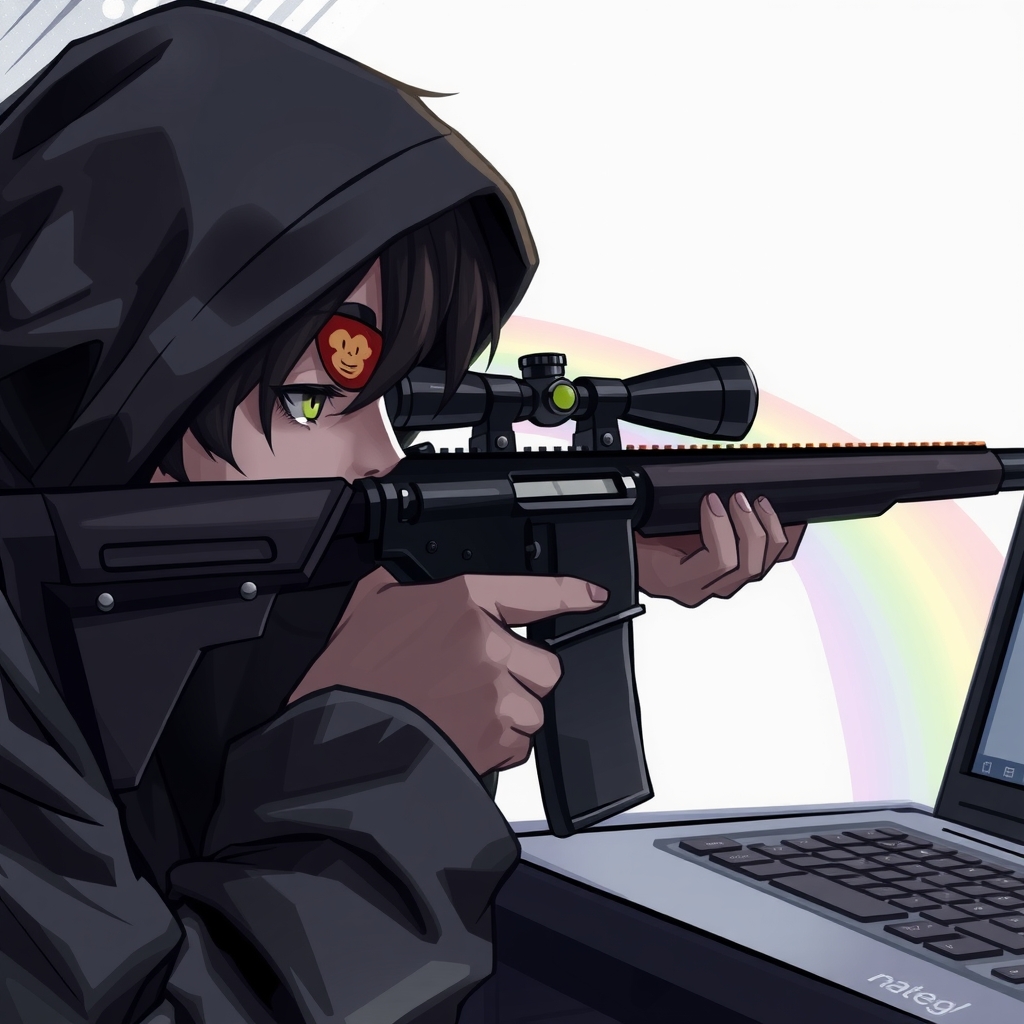 a black haired black eyed person with a hood and a monkey patch sniping with a rifle near a computer by मुफ्त एआई छवि जनरेटर - बिना लॉगिन के✨ | AIGAZOU