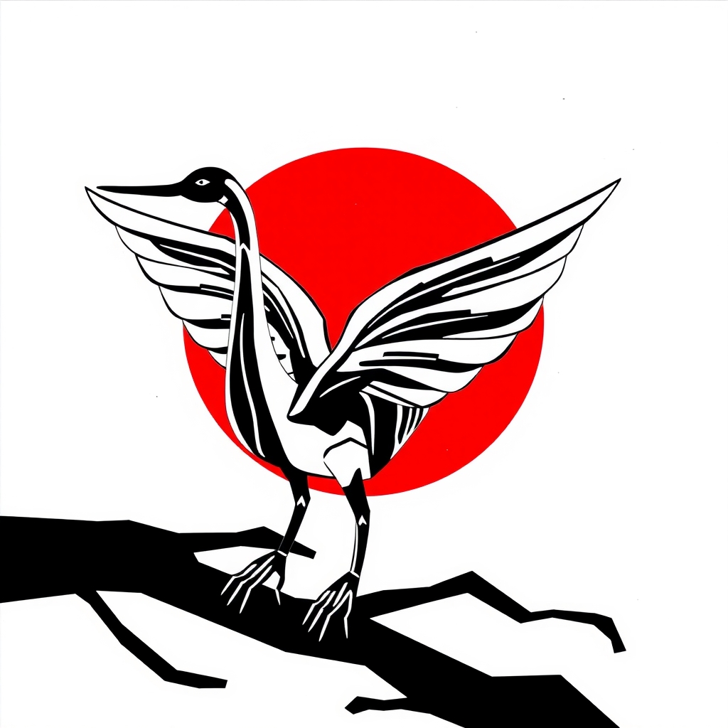 create black and white crane with japan flag background by मुफ्त एआई छवि जनरेटर - बिना लॉगिन के✨ | AIGAZOU