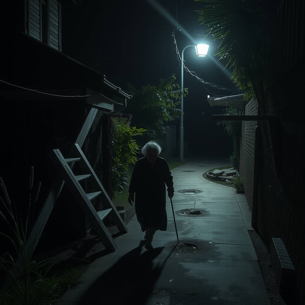 an old lady walking on the road at night by मुफ्त एआई छवि जनरेटर - बिना लॉगिन के✨ | AIGAZOU