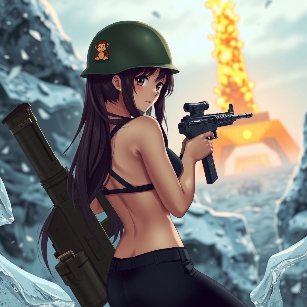 cute woman in military uniform with black hair and eyes holding a gun in an icy world with a tower by मुफ्त एआई छवि जनरेटर - बिना लॉगिन के✨ | AIGAZOU