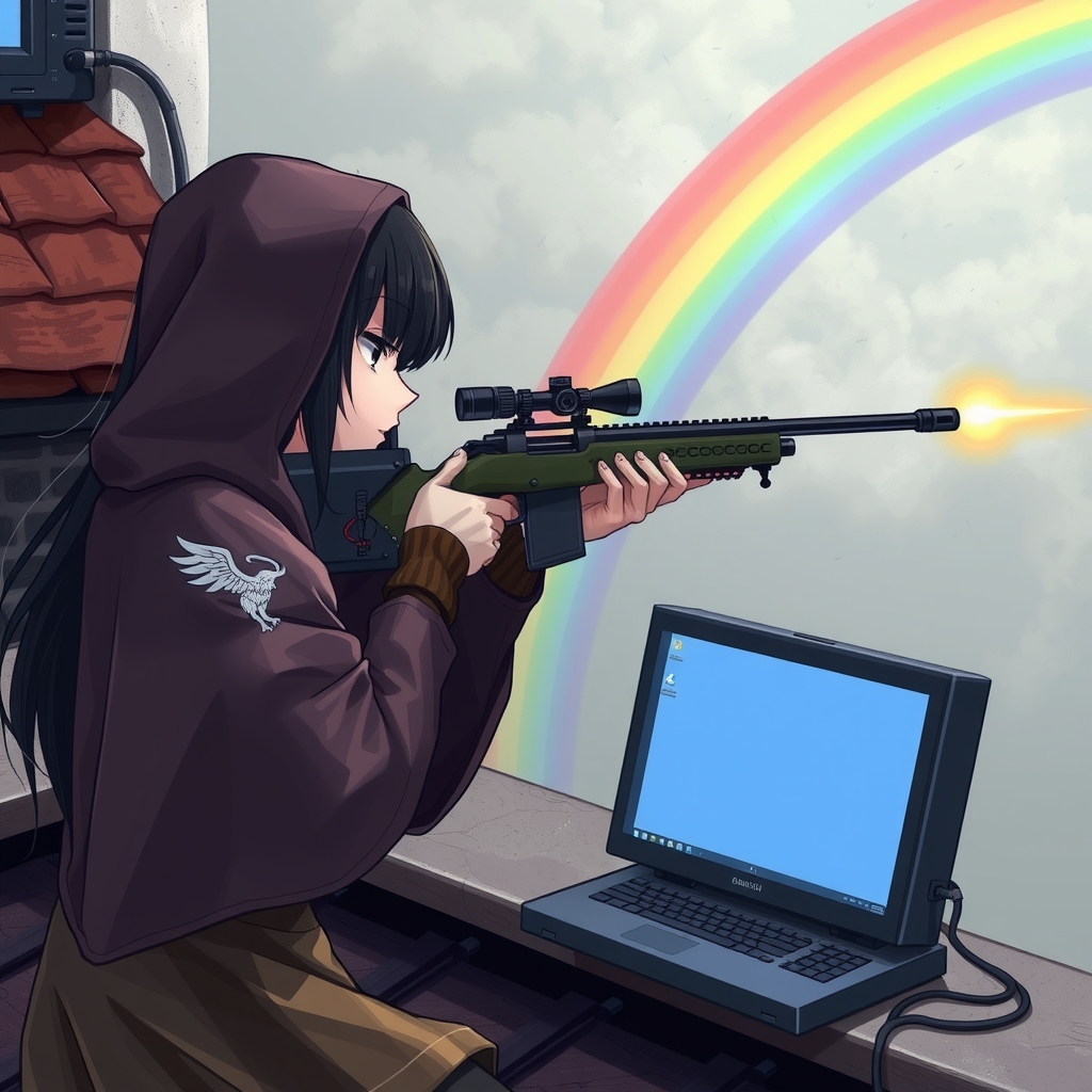 girl black hair eyes roof rainbow sniper rifle by 免费AI图像生成工具 | AIGAZOU