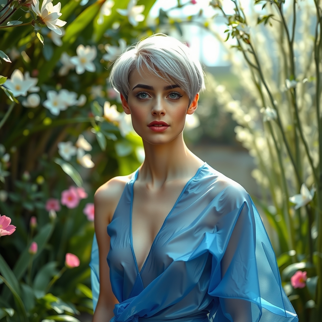 realistic picture well from the front androgynous person with short hair very lightly dressed in translucent shiny blue fabric dreamily by मुफ्त एआई छवि जनरेटर - बिना लॉगिन के✨ | AIGAZOU