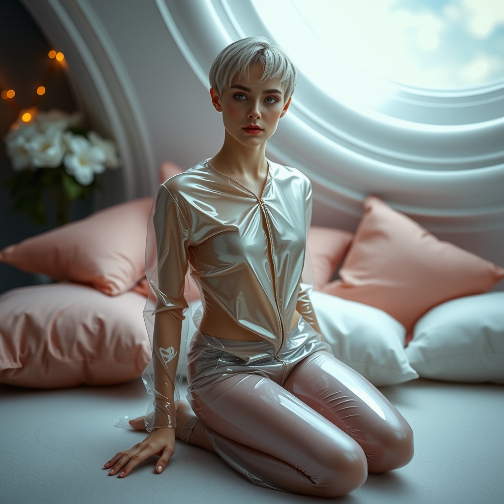 realistic picture front view androgynous person short hair lightly dressed shiny silver latex kneeling dreamy futuristic room pillows romantic by मुफ्त एआई छवि जनरेटर - बिना लॉगिन के✨ | AIGAZOU