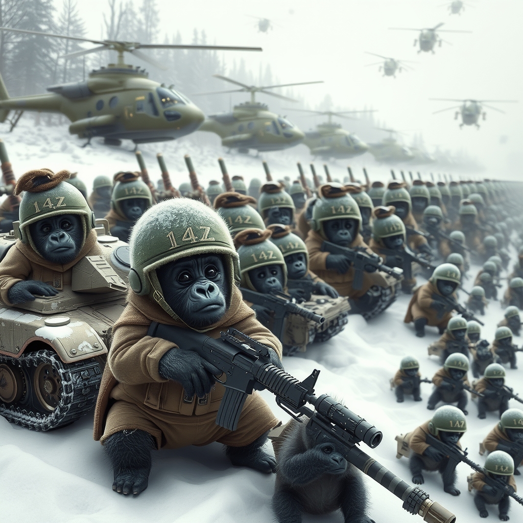 marching in snow cute tanks combat helicopters by मुफ्त एआई छवि जनरेटर - बिना लॉगिन के✨ | AIGAZOU