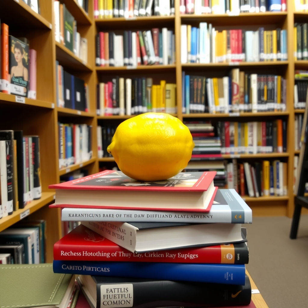 a lemon placed on books in a bookstore by मुफ्त एआई छवि जनरेटर - बिना लॉगिन के✨ | AIGAZOU