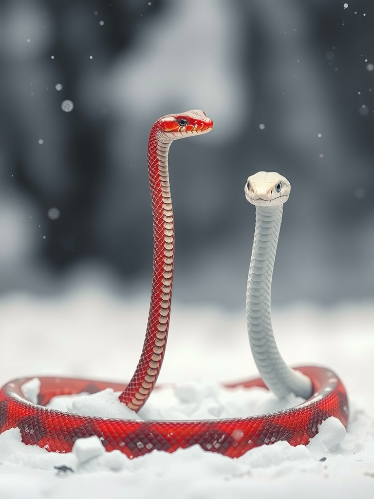 red and white snakes standing in the snow by मुफ्त एआई छवि जनरेटर - बिना लॉगिन के✨ | AIGAZOU