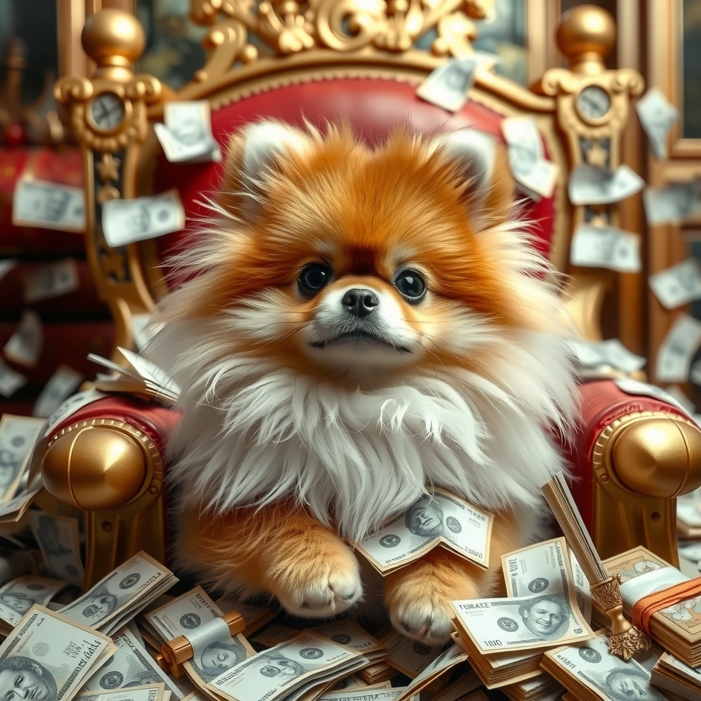 a pomeranian sitting on a throne with lots of yen bills by मुफ्त एआई छवि जनरेटर - बिना लॉगिन के✨ | AIGAZOU